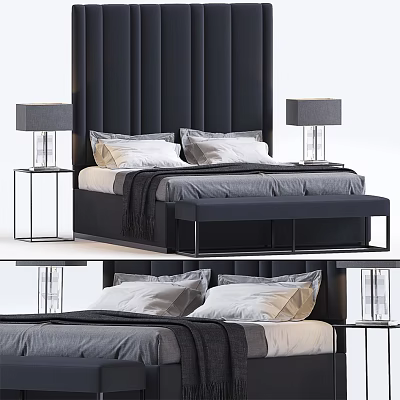Modern Double Bed with Dark Tufted Headboard Pillows Bedding Nightstands and Table Lamps 3d model