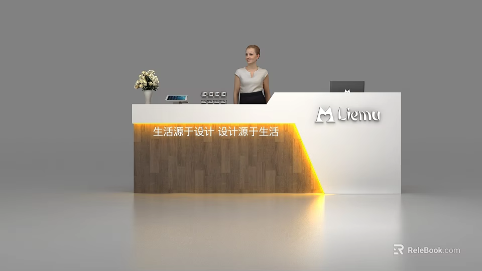 Modern Reception Desk with White Wooden Design Receptionist Vase Phone and Computer 3d model 