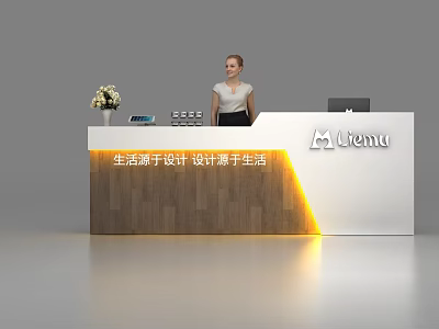 Modern Reception Desk with White Wooden Design Receptionist Vase Phone and Computer 3d model