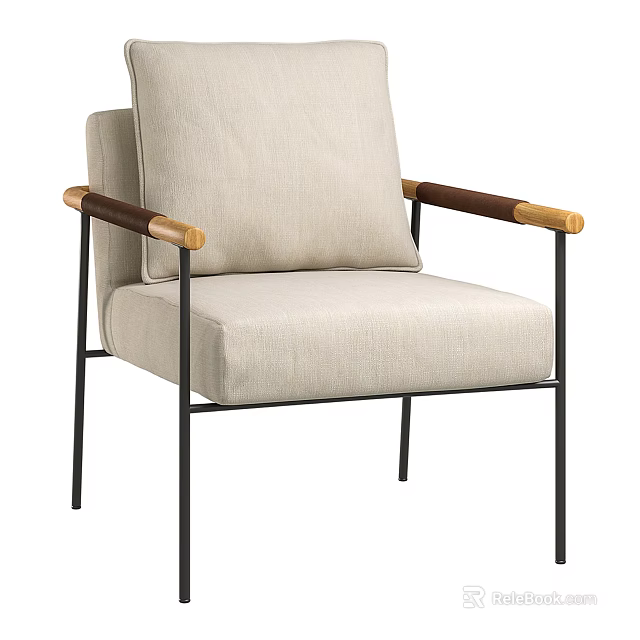 Modern Leisure Accent Chair With Beige Fabric Cushion Wooden Armrests And Metal Frame Design 3d model 