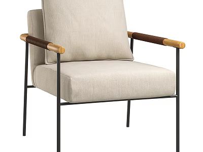 Modern Leisure Accent Chair With Beige Fabric Cushion Wooden Armrests And Metal Frame Design 3d model