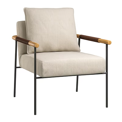Modern Leisure Accent Chair With Beige Fabric Cushion Wooden Armrests And Metal Frame Design 3d model