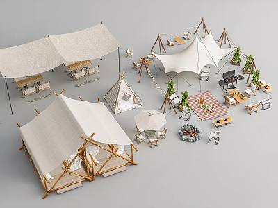 Luxury Glamping Tents With Canvas Covers Wooden Frames And Outdoor Furniture 3d model