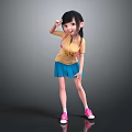 Cartoon Girl Character In Yellow Shirt Blue Skirt And Pink Sneakers