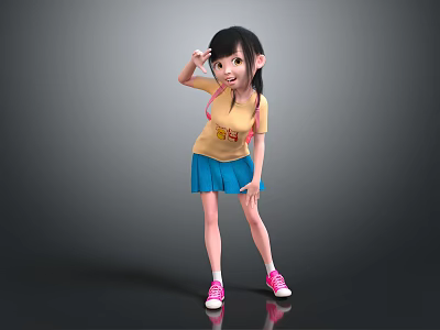 Cartoon Girl Character In Yellow Shirt Blue Skirt And Pink Sneakers 3d model