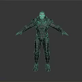 Male Character in Black Armor with Outstretched Arms Against Gray Background