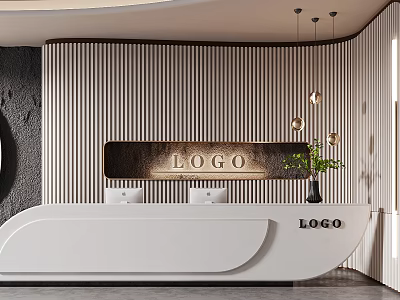 Modern Reception Area With White Curved Desk Striped Wall Logo And Hanging Lights 3d model