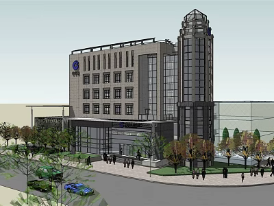 Modern Multi Storey Office Building With Glass Curtain Wall Landscaping And Pedestrians 3d model