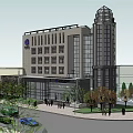 Modern Multi Storey Office Building With Glass Curtain Wall Landscaping And Pedestrians