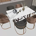 Modern Dining Table Set With Marble Top Brown Gray Chairs And Decorative Vase