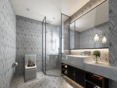 Modern Bathroom Interior With Geometric Tiles Glass Shower Enclosure And Marble Vanity 3d model