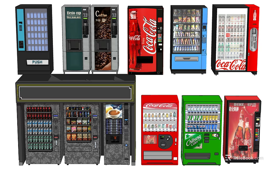 Commercial Vending Machines Including Beverage Snack And Coffee Dispensers In Various Colors 3d model 
