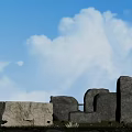 Natural Stone and Wood Structure with Blue Sky White Clouds Green Grass and Small Flowers