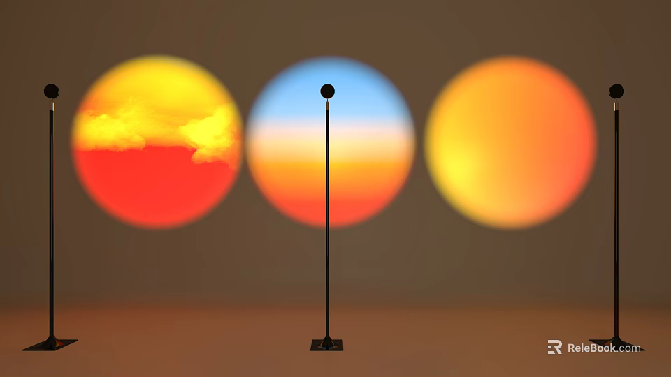 Black Decorative Floor Lamp With Slim Pole Spherical Head And Three Circular Sunset Cloud Halos 3d model