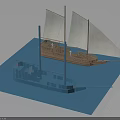Wooden Model Sailing Ship With White Sails And Blue Steamship On Blue Platform