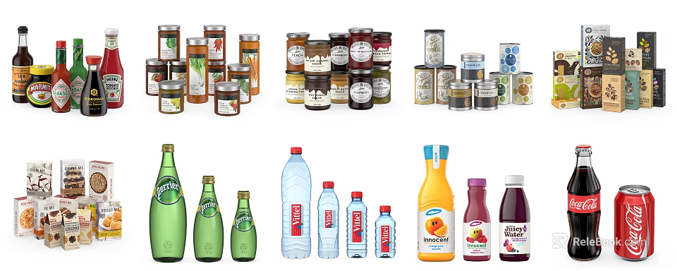 Assorted Packaged Food Items Featuring Bottled Drinks Canned Goods And Jars 3d model 