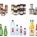 Assorted Packaged Food Items Featuring Bottled Drinks Canned Goods And Jars