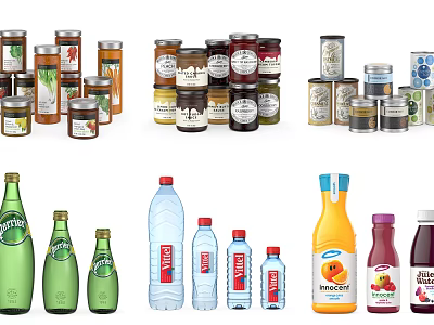 Assorted Packaged Food Items Featuring Bottled Drinks Canned Goods And Jars 3d model