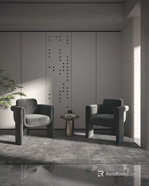 Modern Casual Sofa Set With Gray Armchairs Small Round Table Gray Wall And Sunlight 3d model 