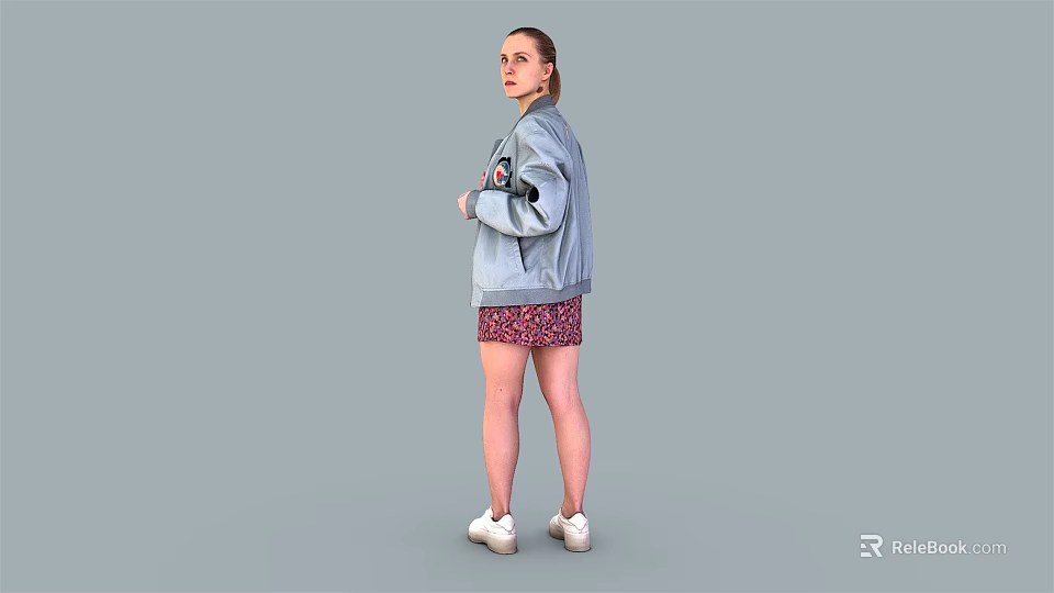 Woman in Light Blue Patterned Jacket Red Floral Skirt and White Shoes Against Gray Background 3d model 