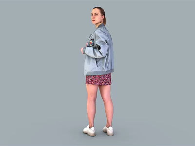 Woman in Light Blue Patterned Jacket Red Floral Skirt and White Shoes Against Gray Background 3d model