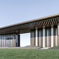 Modern Wooden Entrance Gate With Slatted Roof And Grass Lawn Front