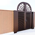 Dark Brown Double Door Entrance Gate With Arched Decorative Cutout And Striped Wall Panels