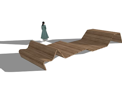 Wooden Wavy Landscape Seat in Outdoor Area with Person Standing Nearby 3d model