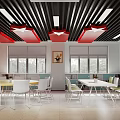 School Dining Space With Tables Chairs Windows And Red Star Ceiling Decorations 3d model