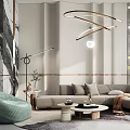 Modern Living Room Interior With Curved Chandelier L-shaped Sofa Green Cushion Round Coffee Tables