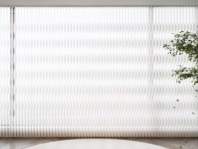 White Wavy Curtains In Modern Interior With Green Plant And Wooden Floor 3d model