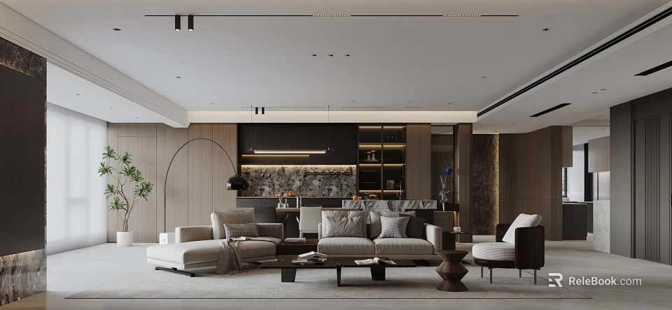 Modern Living And Dining Room Interior With Sofa Coffee Table Chandelier And Decorative Wall 3d model 