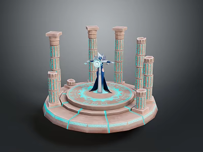 Ancient Architectural Structure with Tall Carved Columns Circular Platform and Illuminated Blue Accents 3d model