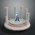 Ancient Architectural Structure with Tall Carved Columns Circular Platform and Illuminated Blue Accents