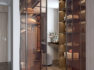 Elegant Modern Walk-in Closet With Glass Doors Wooden Shelves Folded Clothes And Hanging Garments 3d model