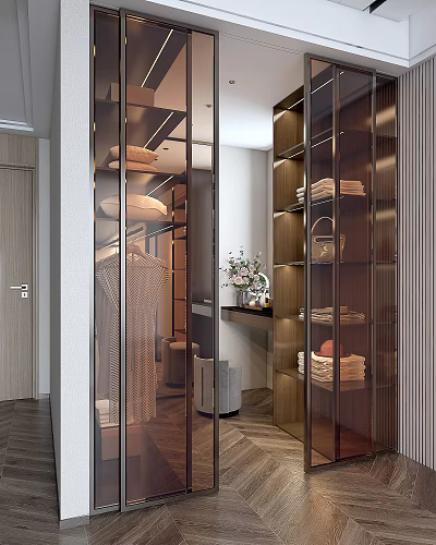 Elegant Modern Walk-in Closet With Glass Doors Wooden Shelves Folded Clothes And Hanging Garments 3d model