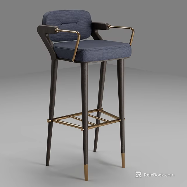Modern Navy Blue Bar Stool With Armrests Upholstered Seat And Metal Accents 3d model 