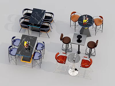 Modern Dining Table Set Featuring Square Round Tables And Colorful Metal Frame Chairs 3d model