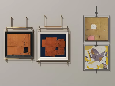 Three Abstract Paintings With Metal Frames And Diverse Color Palettes Hanging On Wall 3d model