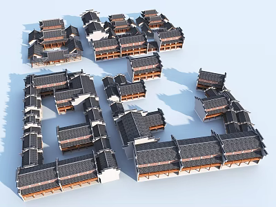 Ancient Architecture Traditional Courtyard Layout With Classic Black Tiled Roofs And Wooden Structures 3d model