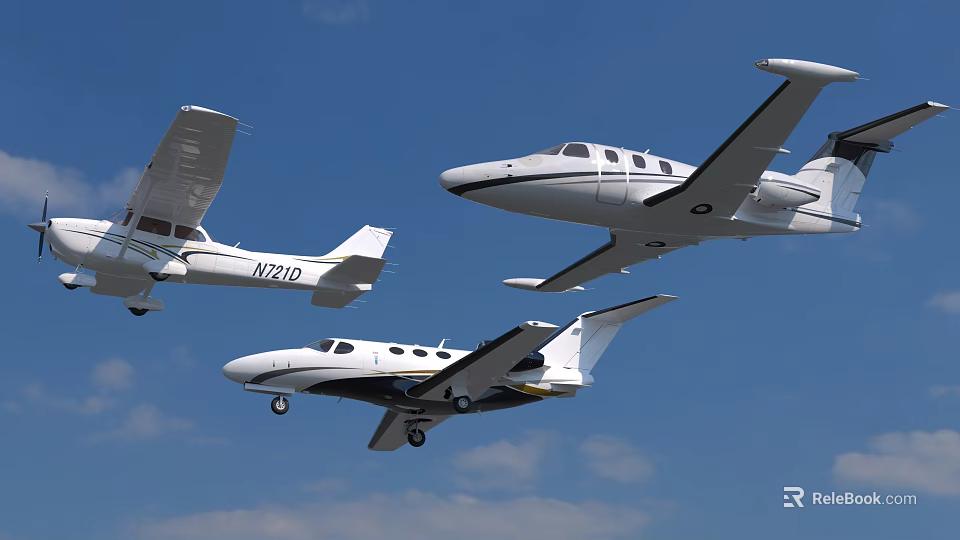 Three Different White Airplanes Flying In Clear Blue Sky With Clouds 3d model 