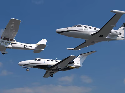 Three Different White Airplanes Flying In Clear Blue Sky With Clouds 3d model