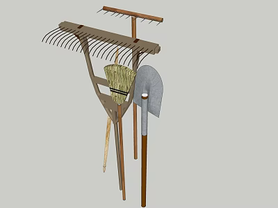 Set Of Essential Farming Tools With Rake Broom And Hoe For Garden Work 3d model
