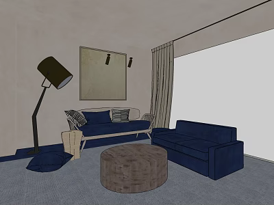 Blue Sofa Coffee Table Set with Floor Lamp Wall Painting Curtains and Carpet 3d model