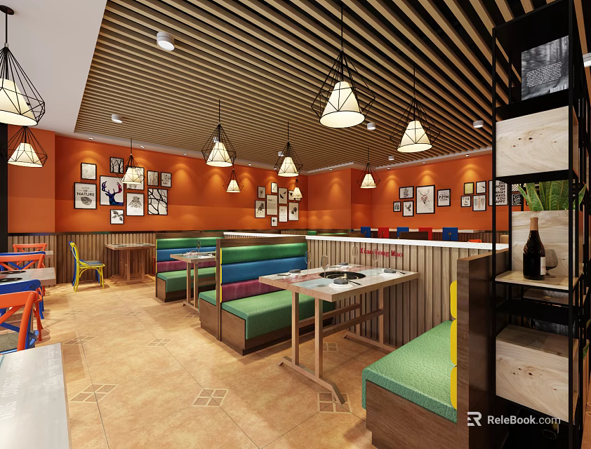 Cozy Hotpot Restaurant Interior With Orange Walls Wooden Ceiling Hanging Lights And Booth Seats 3d model 