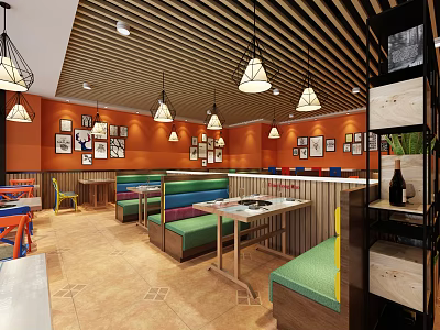 Cozy Hotpot Restaurant Interior With Orange Walls Wooden Ceiling Hanging Lights And Booth Seats 3d model