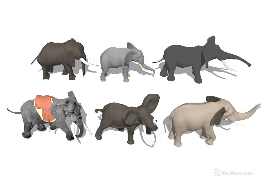 Set of Elephants in Various Poses with Different Colors and Orange Saddle Detail 3d model 