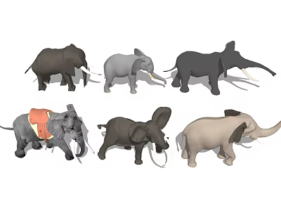 Set of Elephants in Various Poses with Different Colors and Orange Saddle Detail 3d model