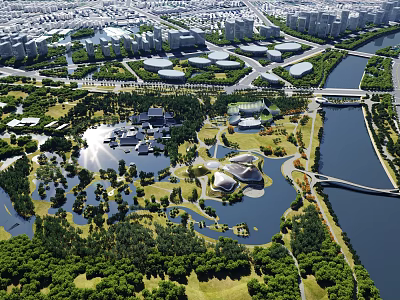 Aerial View Urban Waterfront Park Planning With Green Spaces River Lakes Modern Buildings And Bridges 3d model