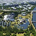 Aerial View Urban Waterfront Park Planning With Green Spaces River Lakes Modern Buildings And Bridges
